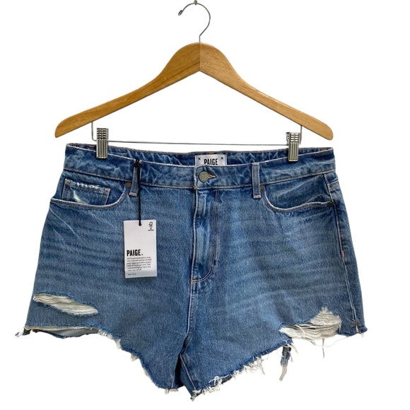 Paige Margot High Rise Distressed Raw Hem Denim Shorts In Kat Destructed NWT - Picture 3 of 15